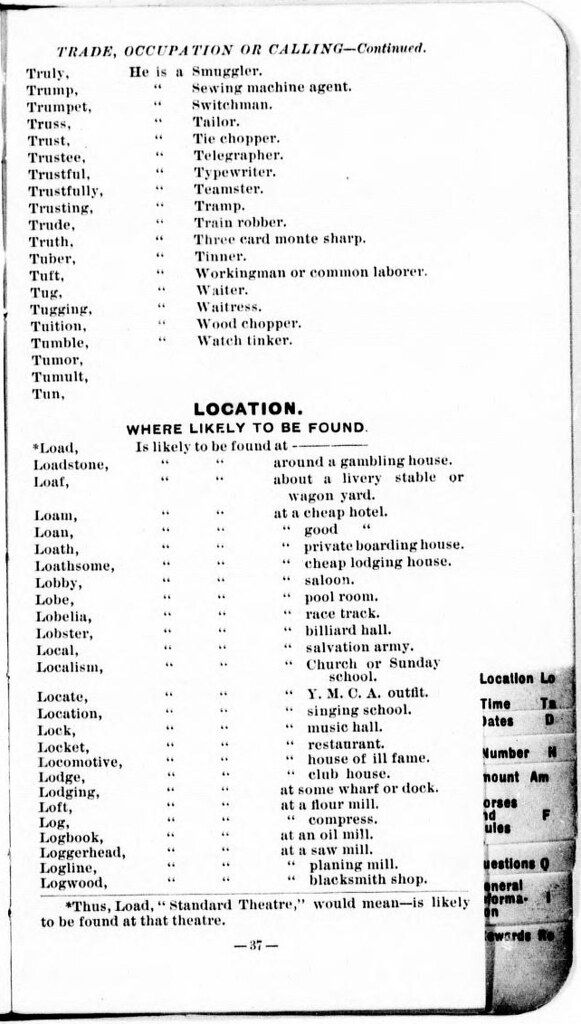 A page from an old document listing trades, occupations, and where those individuals might be found.