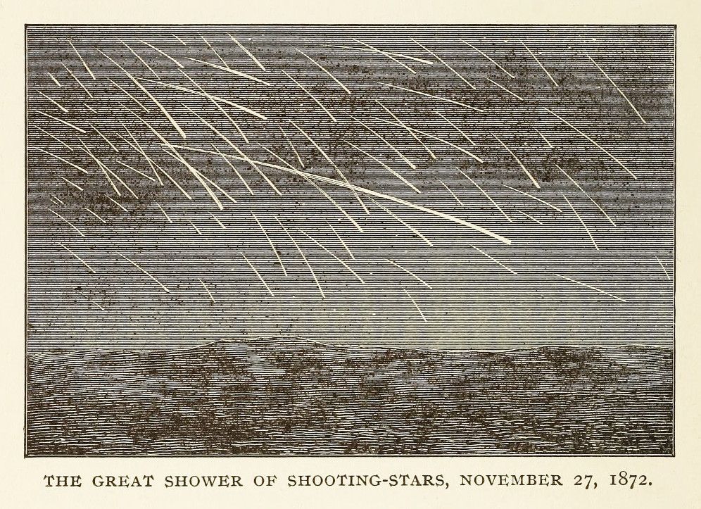 Vintage woodcut illustration of a meteor shower on November 27, 1872, with numerous shooting stars streaking across the sky above a dark landscape.
