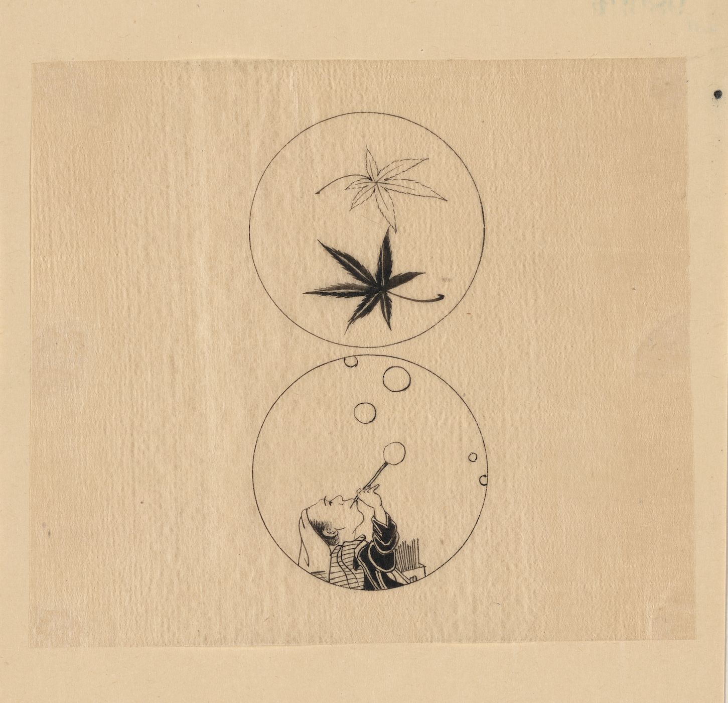 A vintage-style illustration of a person blowing bubbles, with a leaf or plant depicted in a circular frame above.