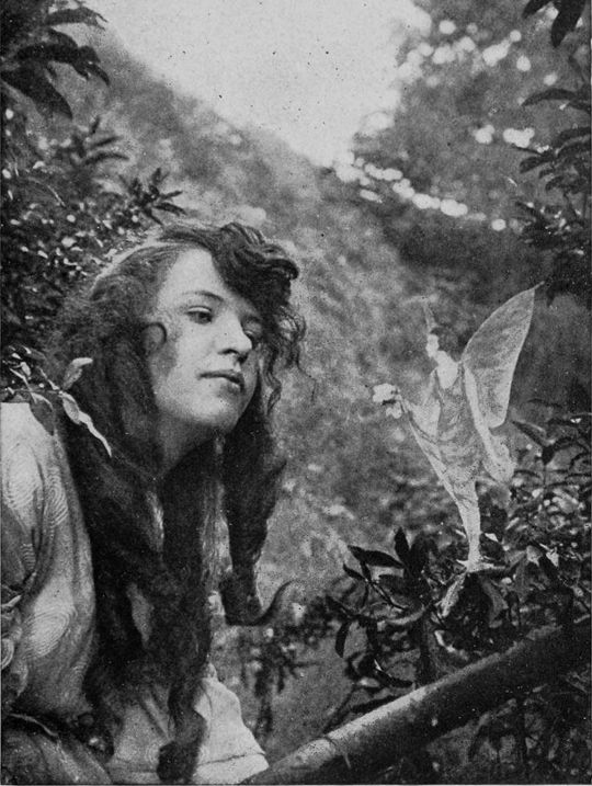 A vintage black and white photograph of a woman looking at a fairy in a lush, overgrown garden.