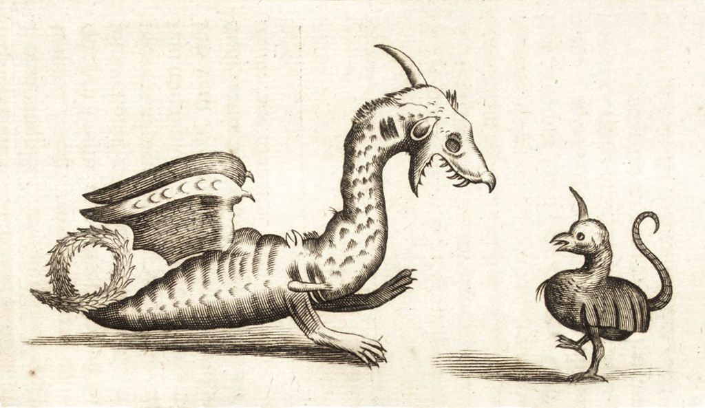 A black and white illustration of a dragon and a bird.