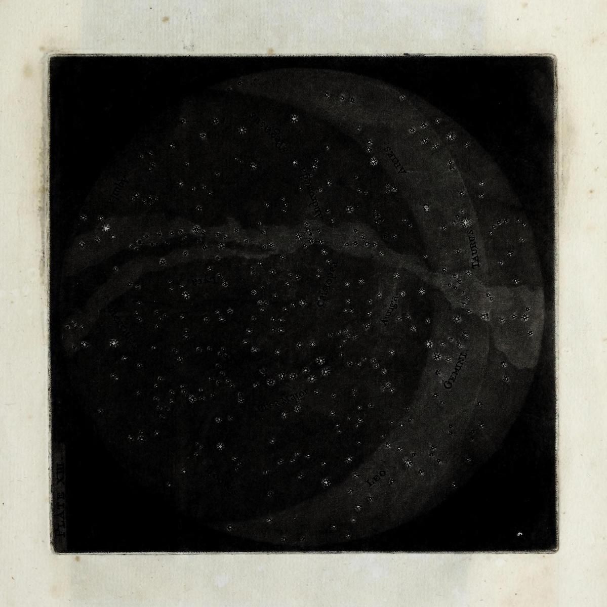 Vintage star chart with constellations and stars on a black background.