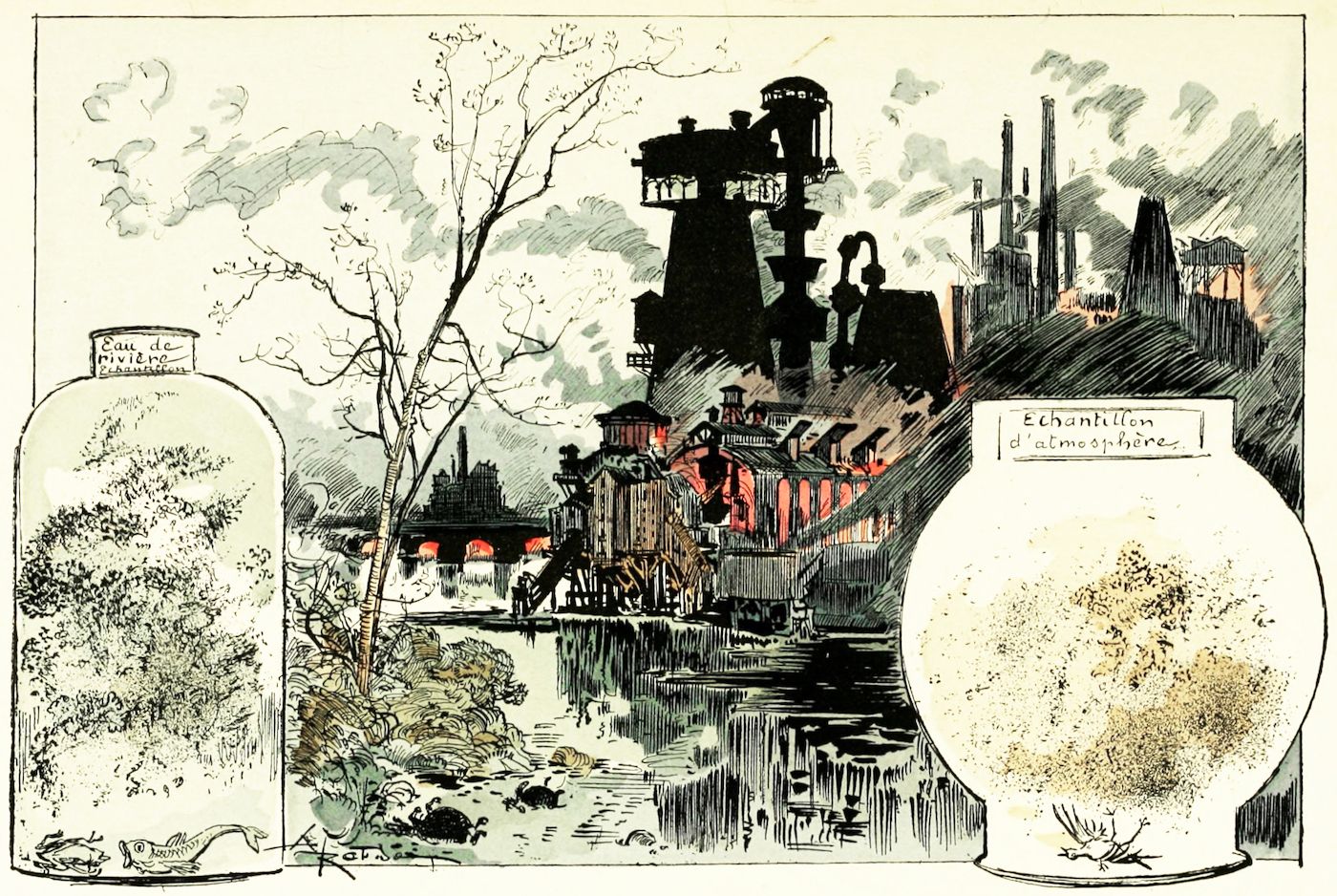 A vintage illustration depicting a dark, gothic factory complex reflected in water, framed by two glass jars labeled 'River Water' and 'Atmosphere Sample'.