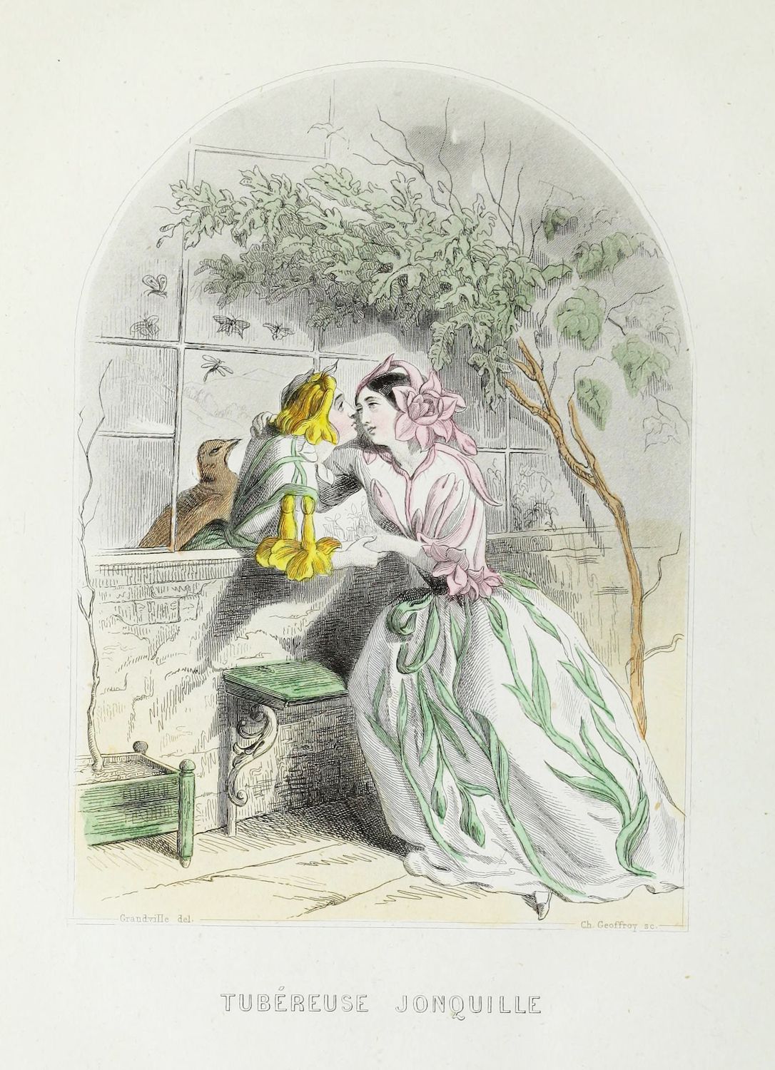 A vintage black and white illustration depicting a woman receiving a kiss from a man who appears to be a bird. The scene takes place outdoors with a lush tree and a small bench.