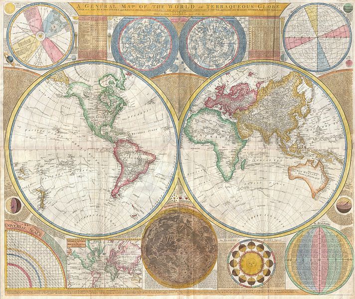 Antique map of the world with detailed illustrations of celestial bodies and compass roses.
