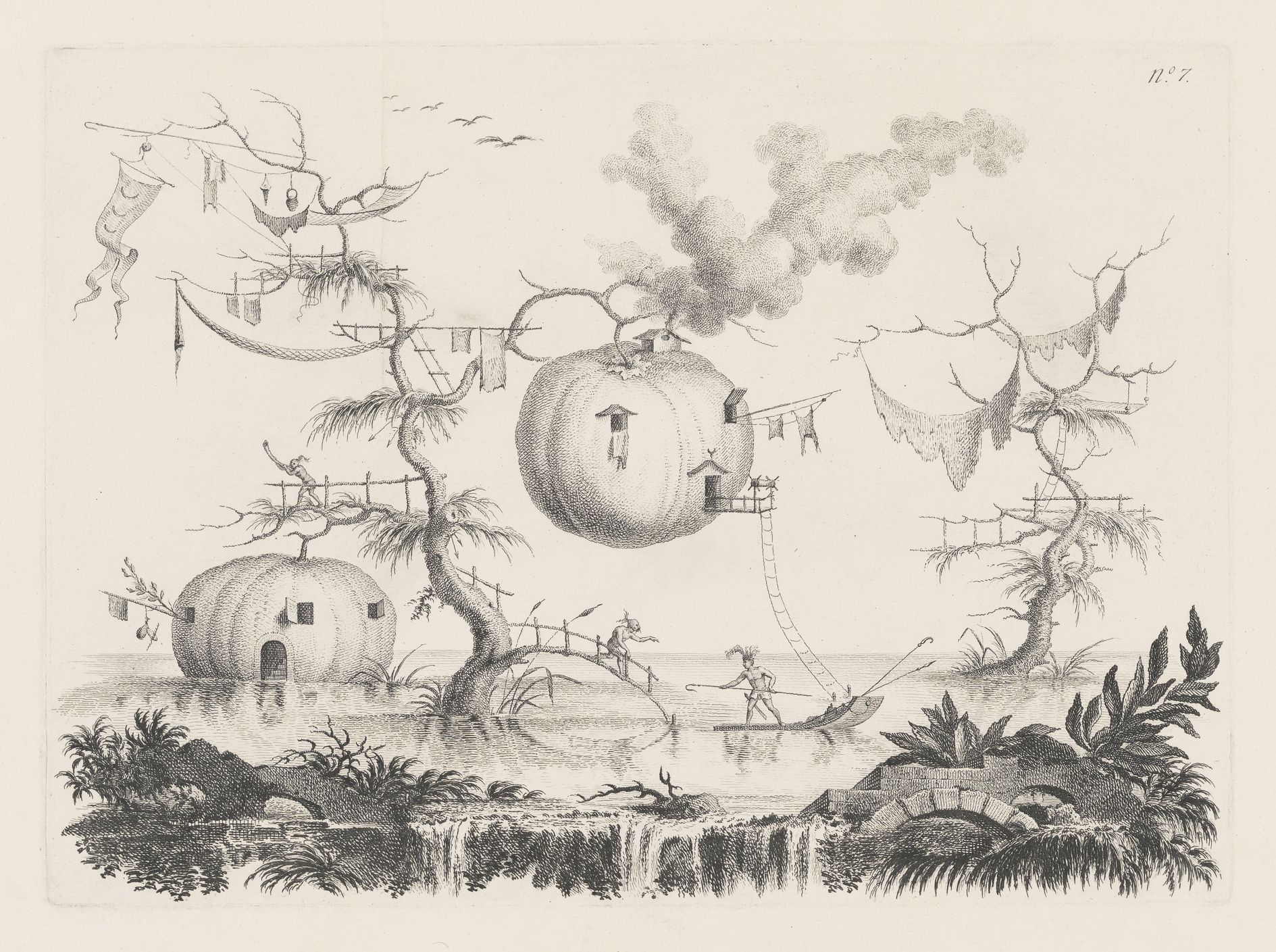 A black and white illustration of pumpkin-shaped houses built into trees over a body of water with a small boat.