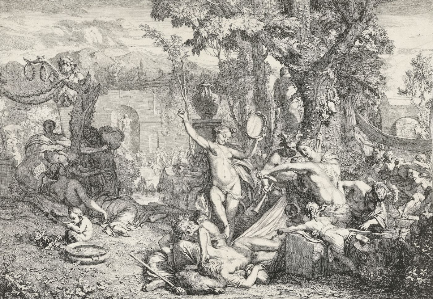 A detailed black and white engraving depicting a chaotic and dramatic scene with numerous figures in a lush garden setting.