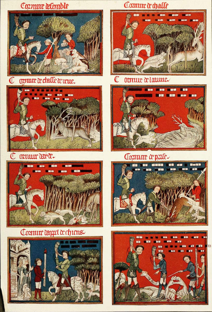 A page from a medieval manuscript featuring eight separate scenes depicting hunting activities.
