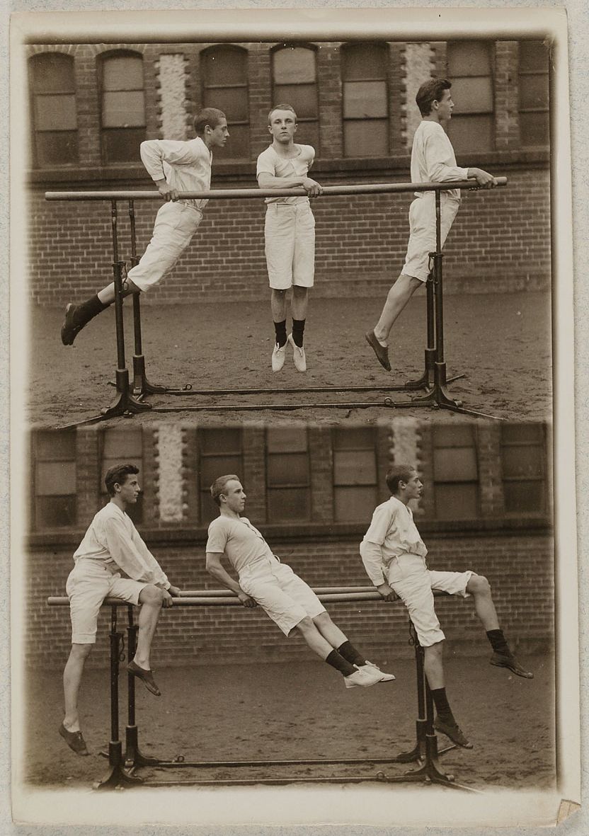 A vintage black and white photograph of a man performing gymnastic exercises on parallel bars, captured in a sequence of six panels.