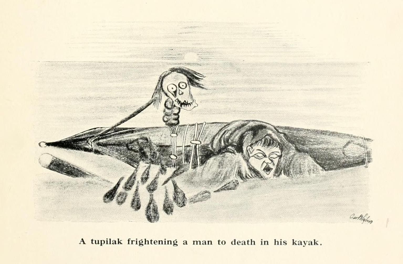 A black and white illustration of a man in a kayak being frightened to death by a grotesque, skeletal figure called a 'tupilak'.