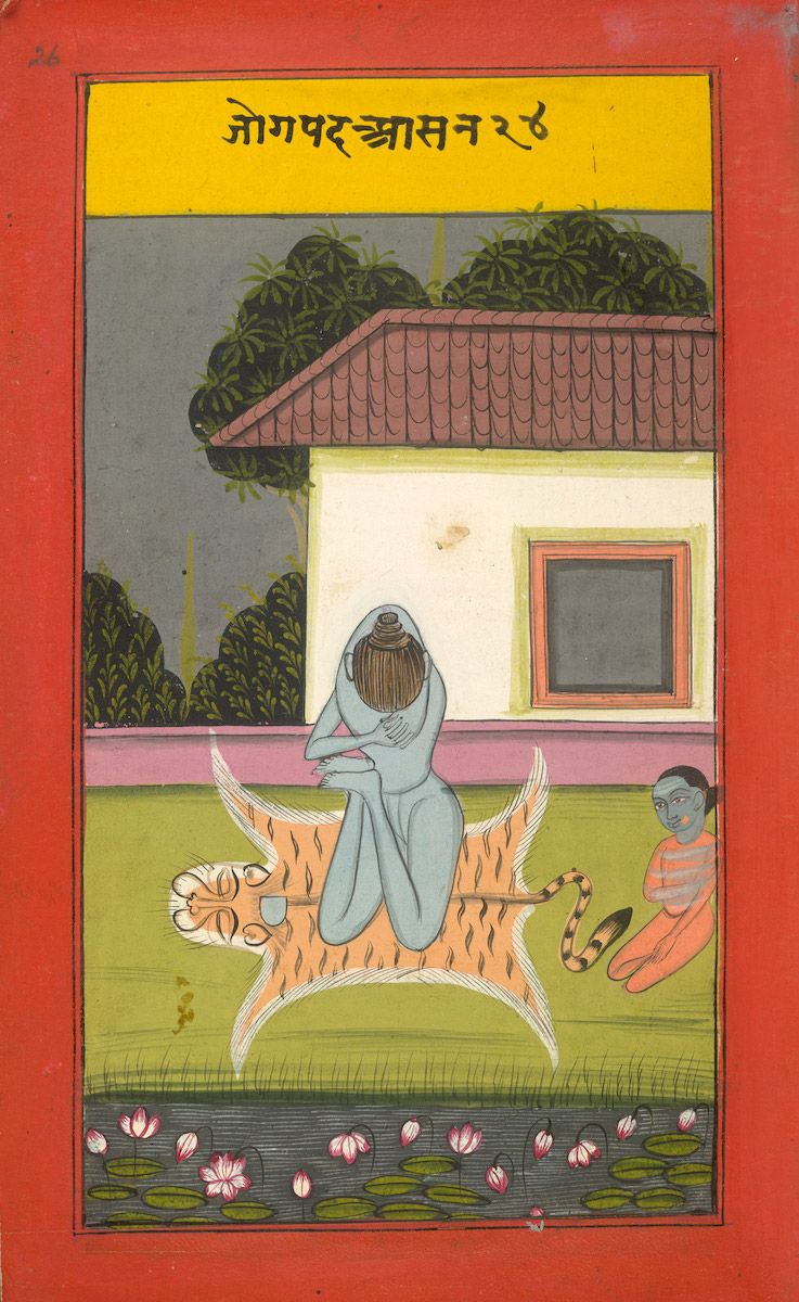 A traditional Indian painting depicting a blue figure kneeling on a winged tiger-like creature in a pond filled with lotus flowers, with a white building and a gray sky in the background.