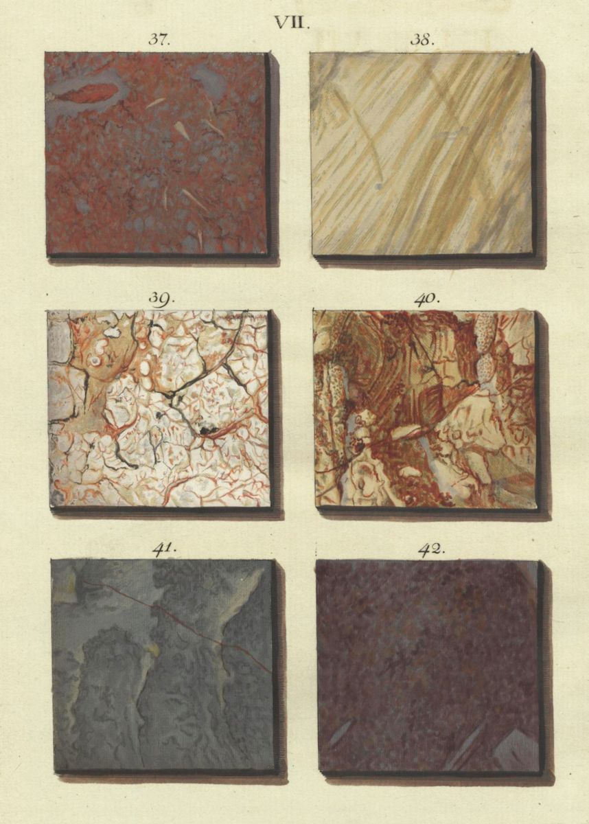 A vintage illustration of six different stone or mineral specimens, arranged in a 2x3 grid. Each specimen is labeled with numbers 37 through 42.