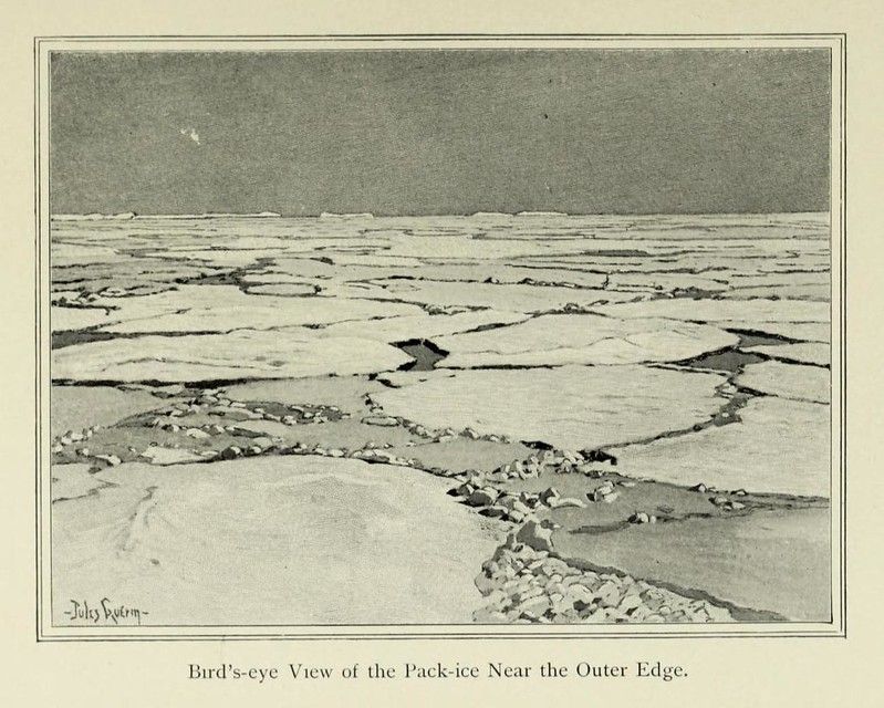 A vintage illustration of a bird's-eye view of pack ice near the outer edge, showing fractured ice floes and open water.