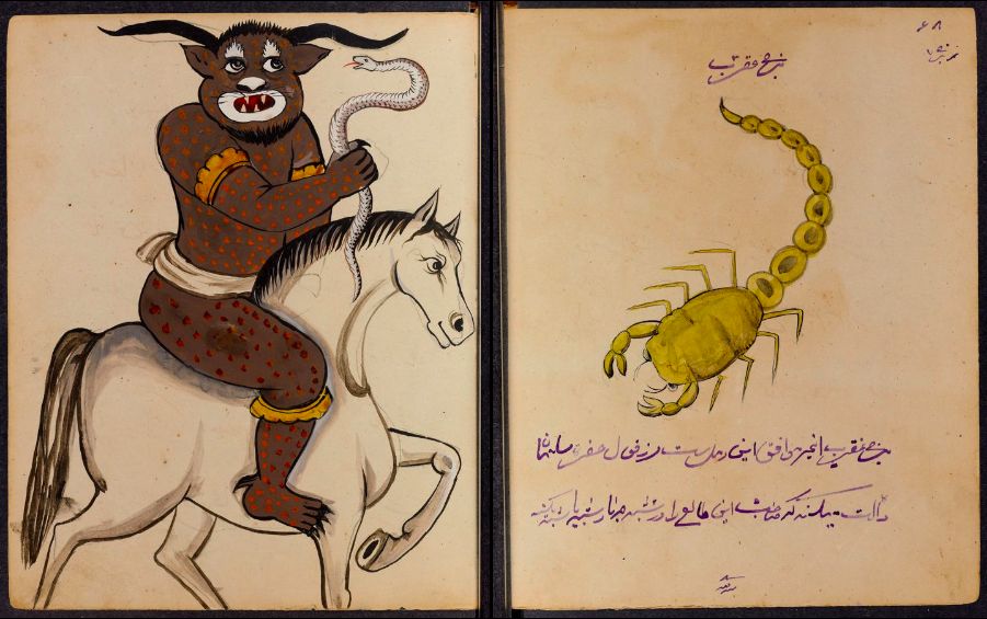 A diptych from an illuminated manuscript depicting a monstrous figure riding a horse on the left page and a detailed illustration of a scorpion on the right page.