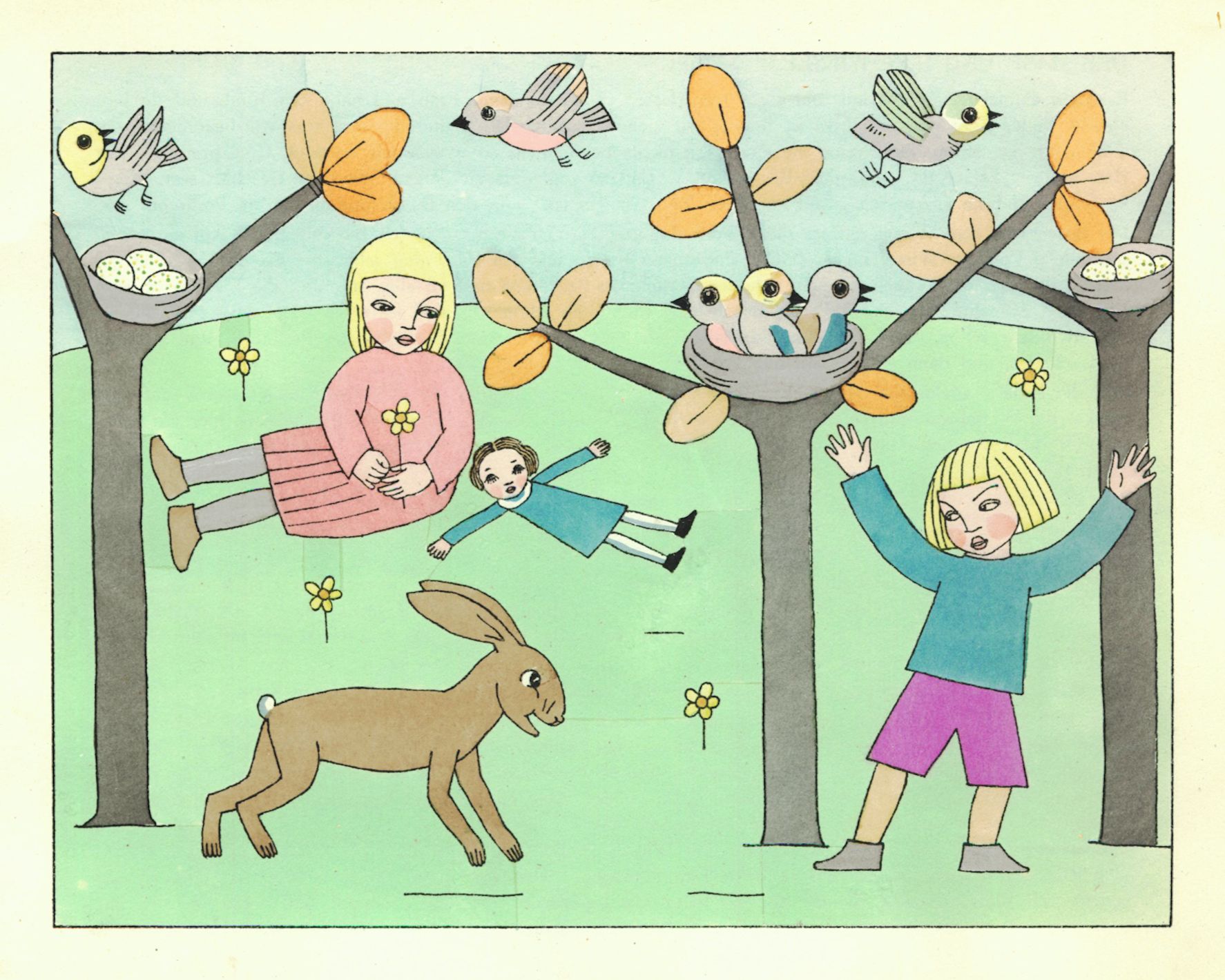 A colorful illustration of a whimsical scene with children, birds, a rabbit, and trees.