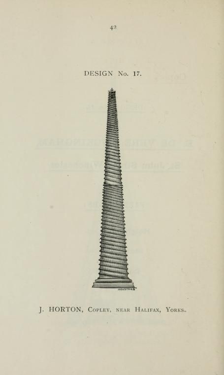Vintage illustration of a tall, conical tower with a spiraling pattern, labeled "DESIGN No. 17" and "J. HORTON, COPLEY, NEAR HALIFAX, YORKS."