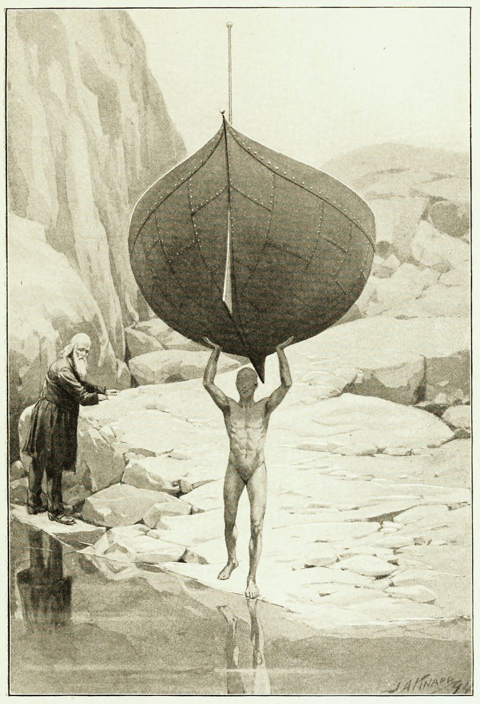 Vintage illustration of a nude man lifting a boat above his head, observed by an elderly man in a rocky landscape.