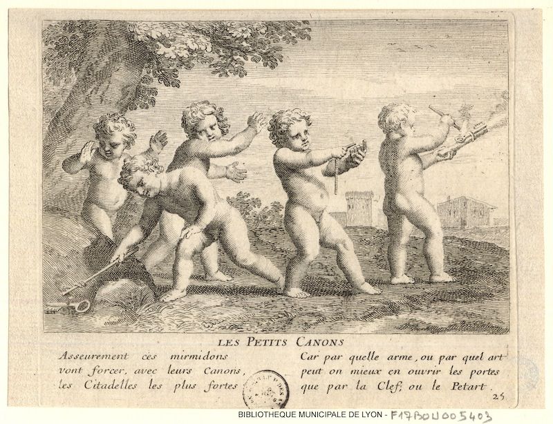A black and white engraving depicting four cherubs operating miniature cannons in a grassy field.