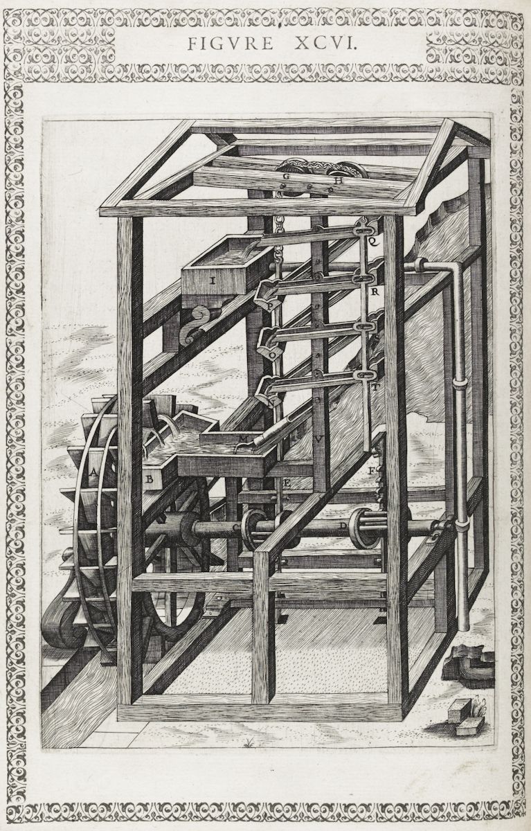 A detailed black and white engraving of a complex mechanical device, likely a water-powered pump or lifting mechanism.