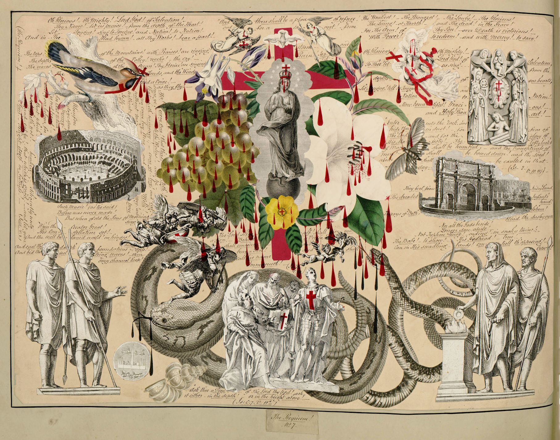 An antique print with a complex composition featuring fruits, flowers, insects, a serpent, an elephant, and human figures. The print is covered in text and rendered in a faded, antique style.