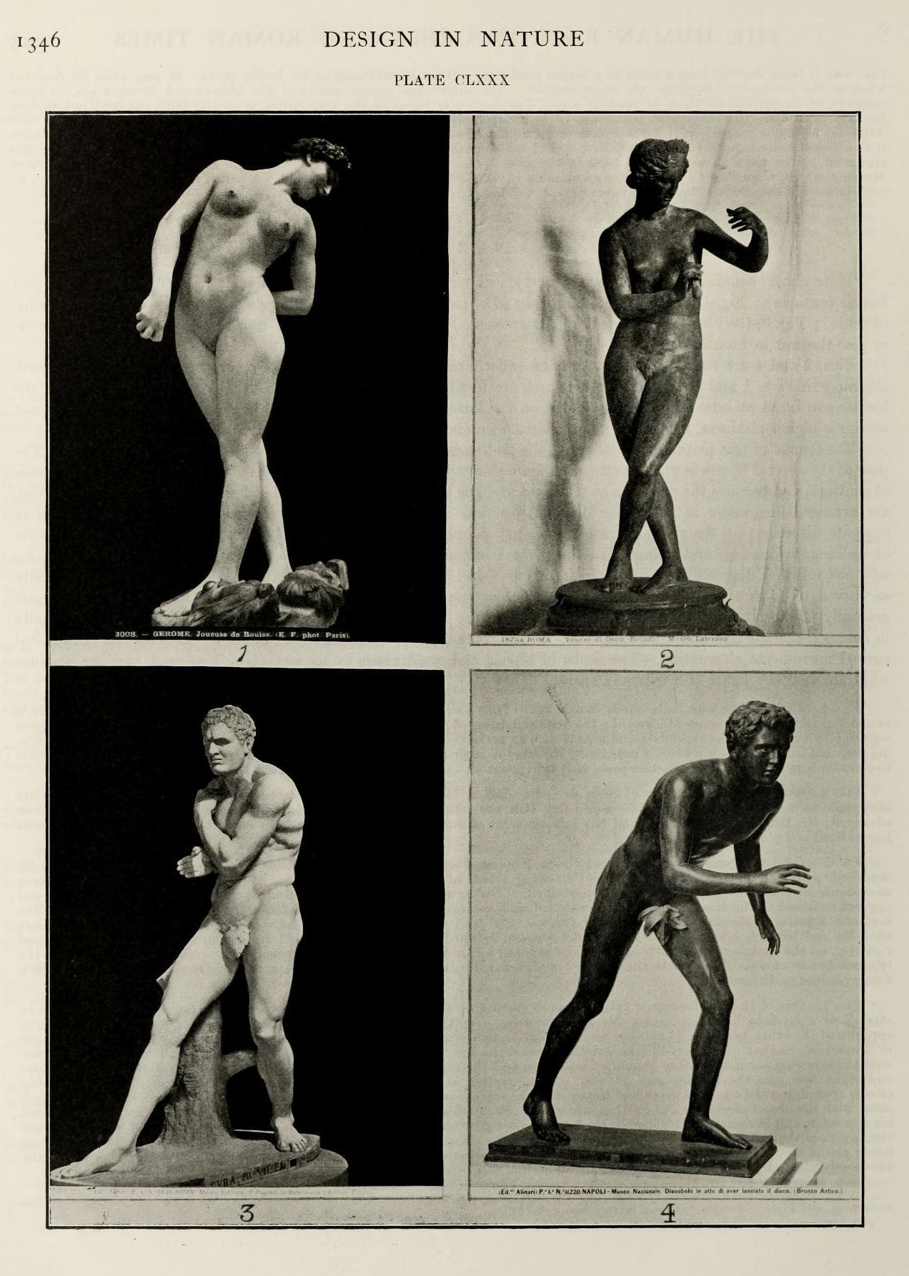 Four black and white photographs of classical sculptures, numbered 1 through 4, arranged in a grid. Each sculpture depicts a nude or partially draped human figure in a different pose.