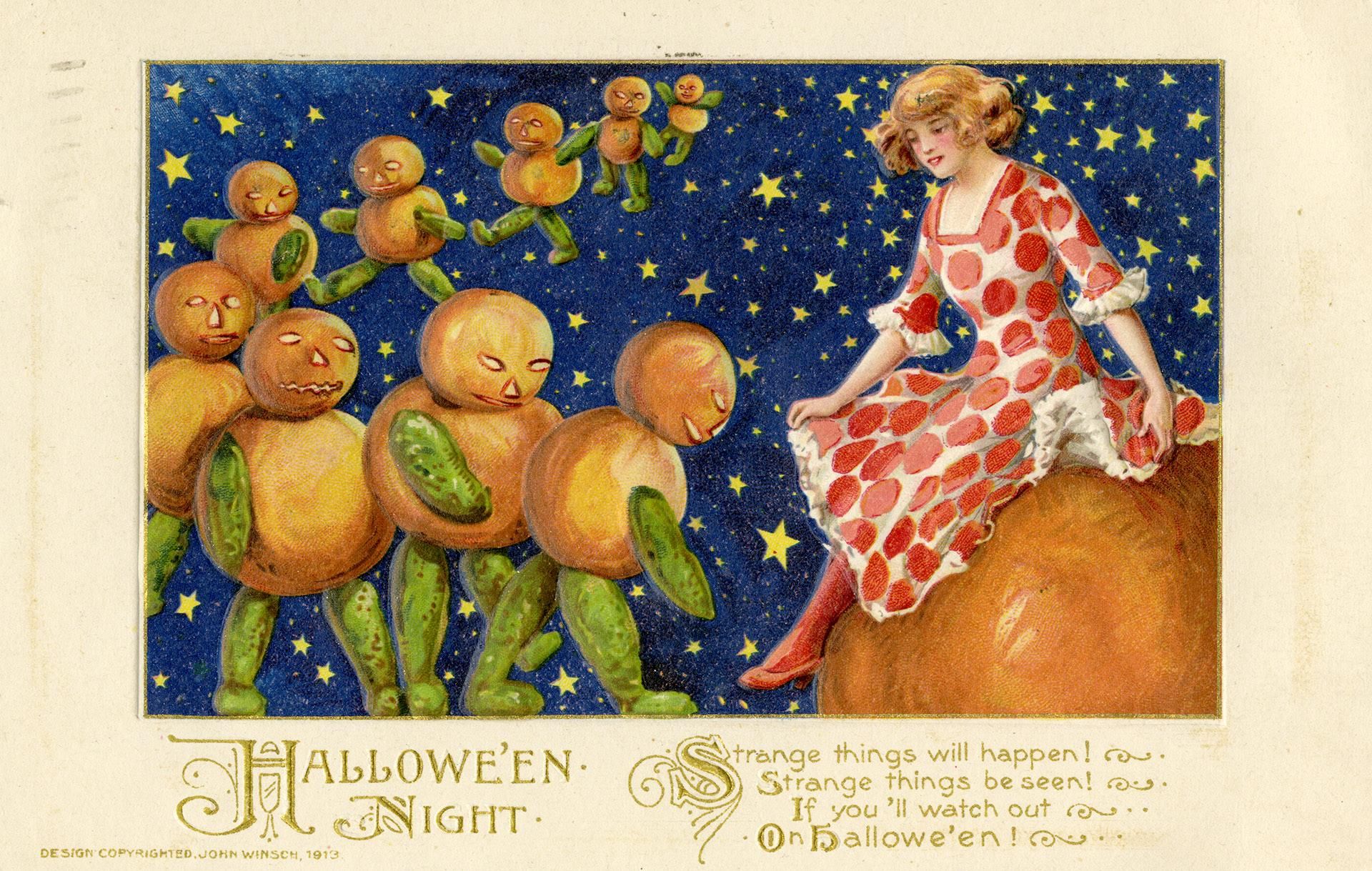 A vintage Halloween postcard illustration featuring a woman surprised by a group of animated pumpkins walking towards her under a starry night sky.