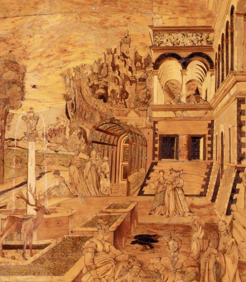 A detailed sepia-toned engraving or etching depicting a classical scene with intricate architectural elements and numerous figures.