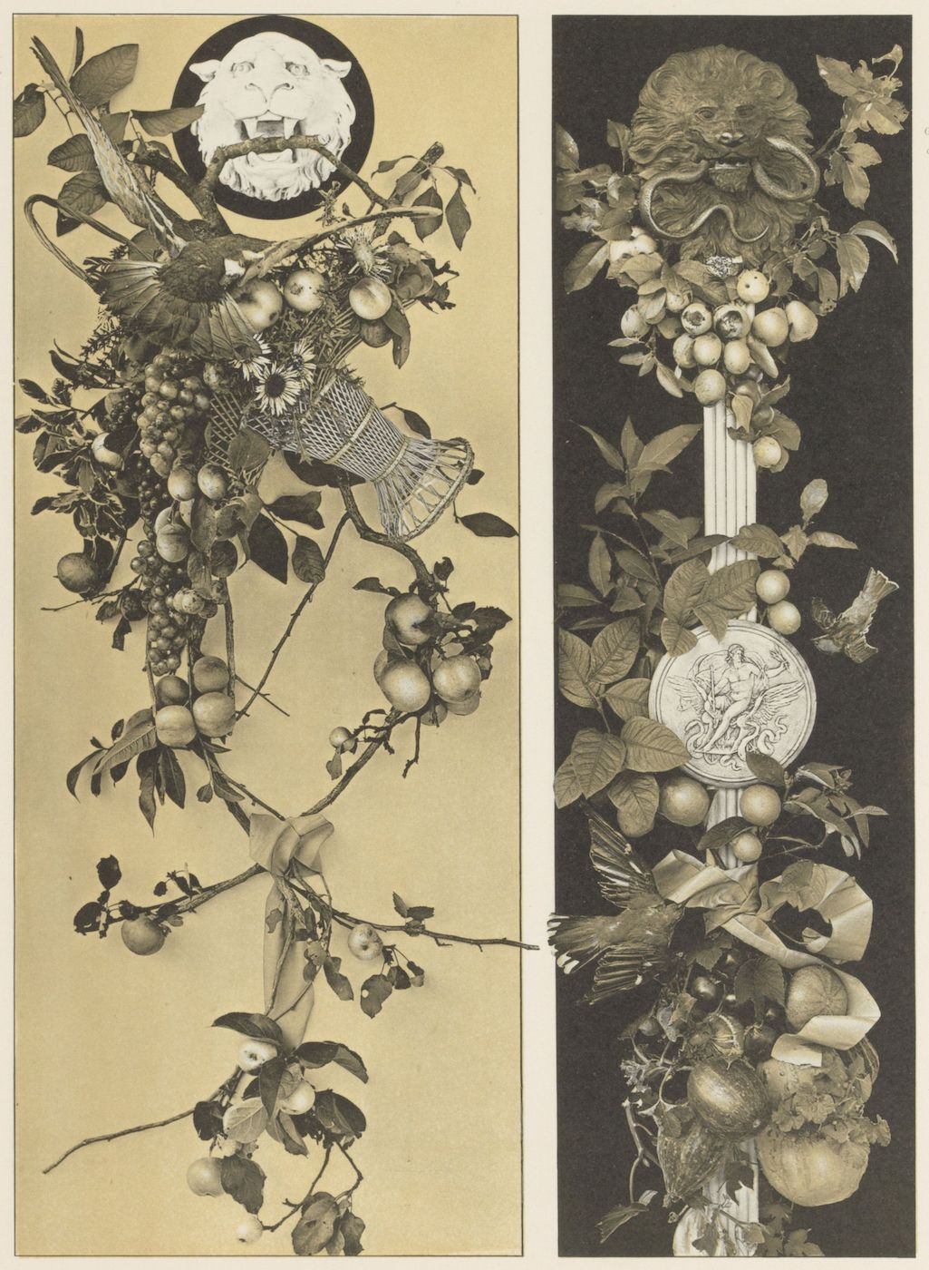 Two vertical panels filled with intricate, dark, and symbolic imagery. Both panels share a similar aesthetic, featuring a blend of natural elements like branches, leaves, and fruit, interwoven with symbolic objects and a somber tone.