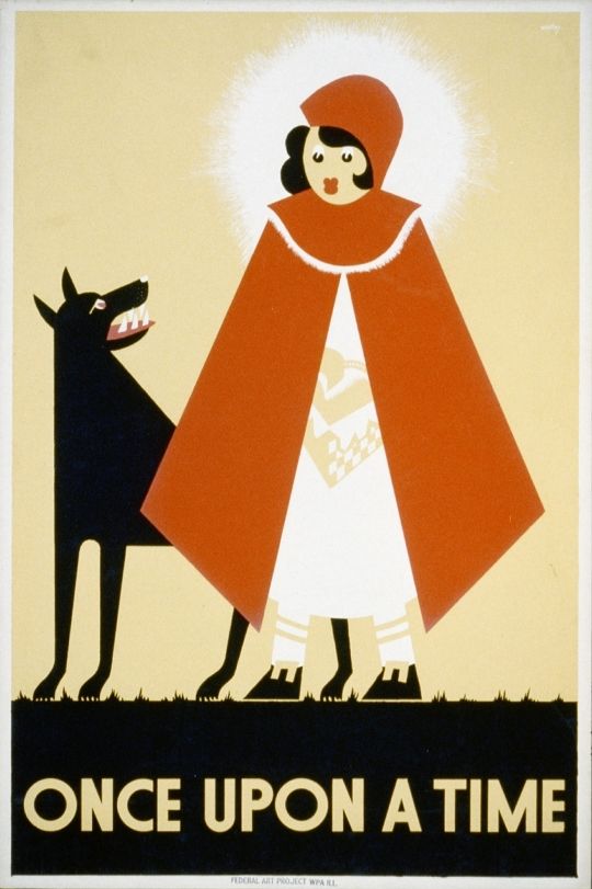 Vintage poster depicting Little Red Riding Hood with a wolf, with the text "ONCE UPON A TIME" at the bottom.