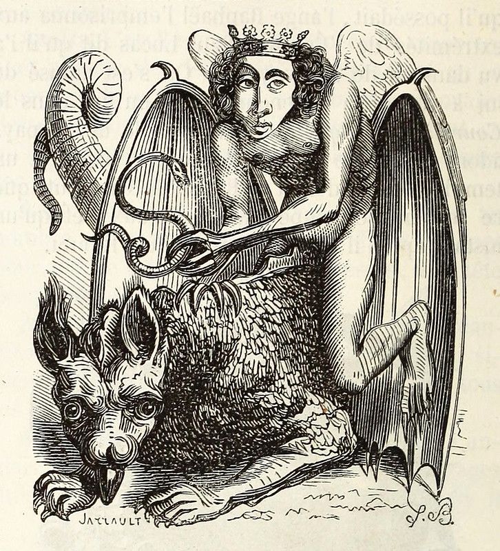 A detailed black and white illustration of a monstrous creature with a humanoid upper body and a furry beast lower body. The creature has wings, horns, snakes coiled around its arms, and a crown on its head.