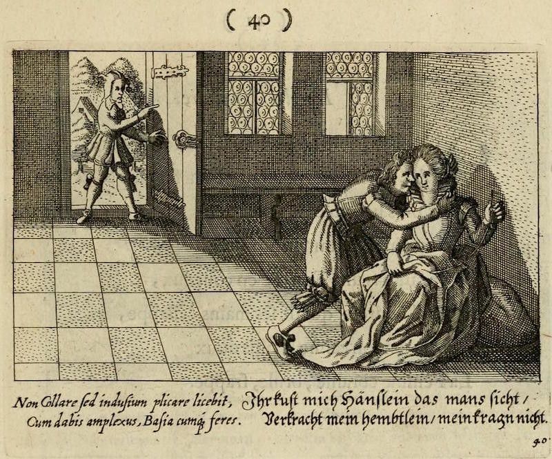 Black and white engraving of a child kneeling in distress while a man stands in a doorway.