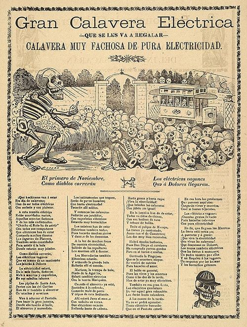 A vintage broadside titled "Gran Calavera Electrica" (Great Electric Skull). It's a lithograph with a sepia tone, giving it an aged appearance. The central image is a chaotic scene of skeletons interacting with a steam train.
