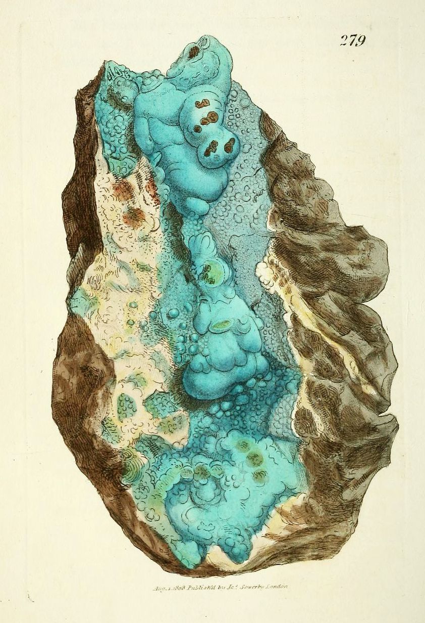 Vintage illustration of a rock with turquoise mineral deposit.