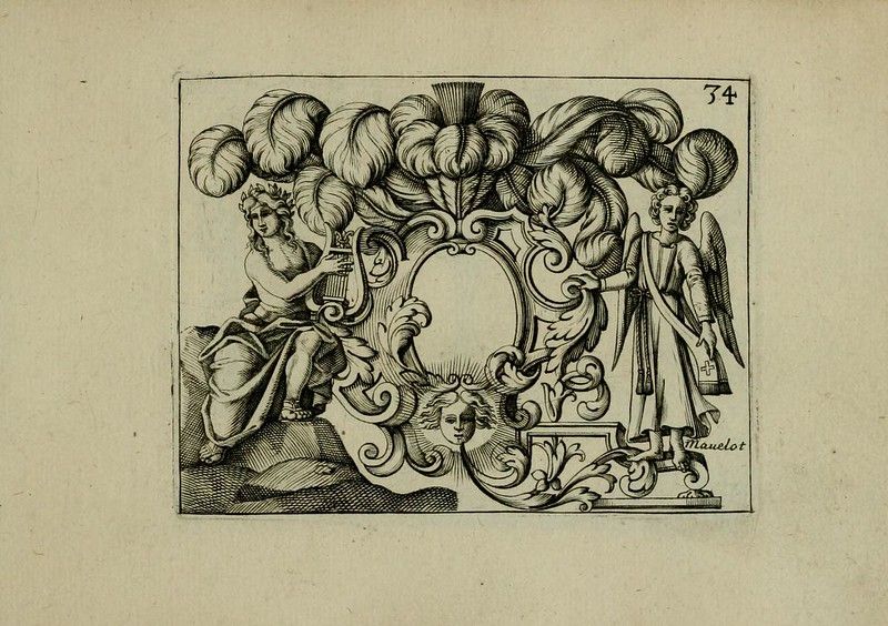 A black and white engraving of a decorative frame flanked by two angels and topped with clouds.