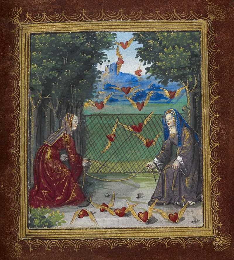 A medieval-style illumination depicting a romantic scene with two figures and flying hearts.