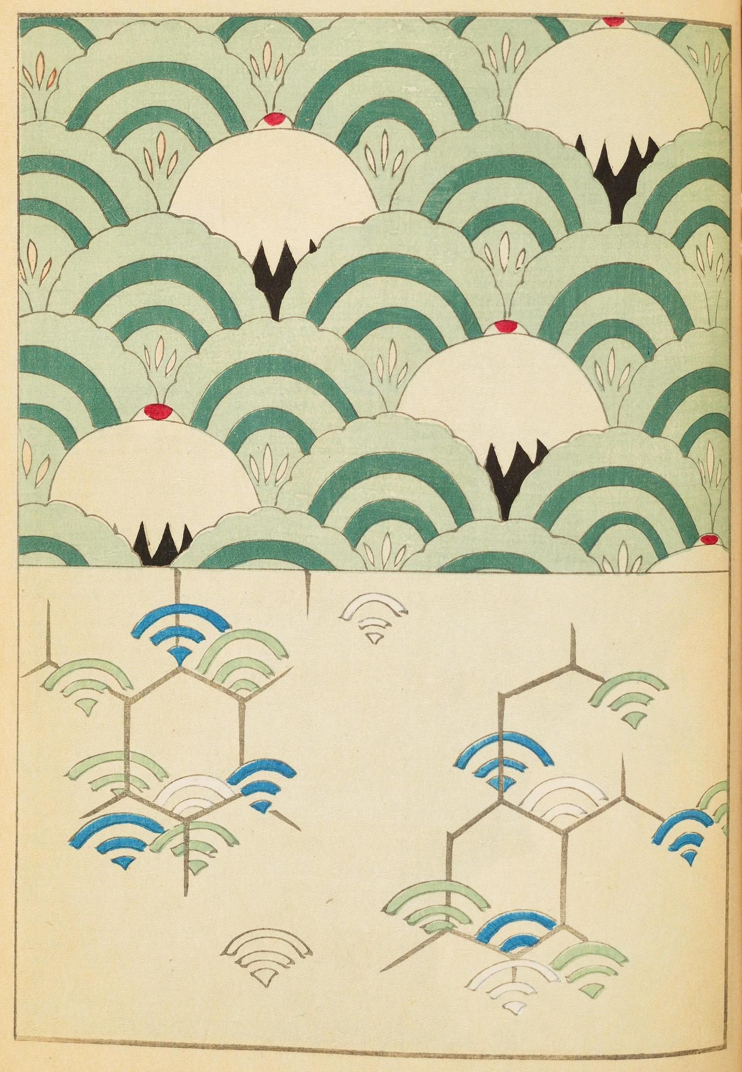 Vintage Art Deco illustration with stylized waves and abstract plant-like structures in shades of green, blue, and beige.