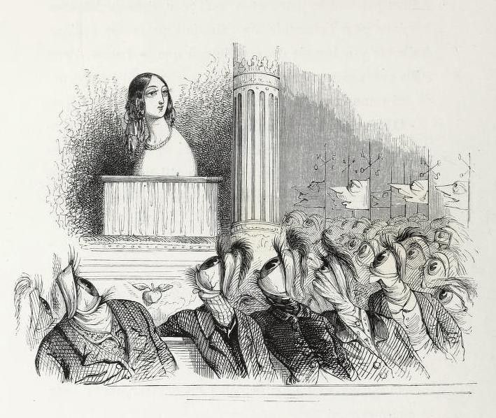 A black and white illustration of a woman speaking at a podium to an audience of men with bird heads.
