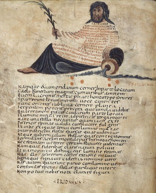 A medieval manuscript illustration depicting a man with a halo and feathered wings, surrounded by dense Latin text and ornate decorations.