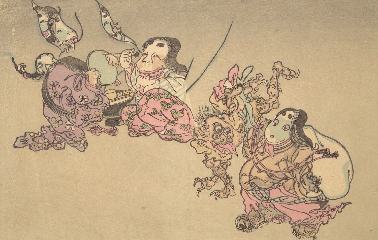 Vintage Japanese woodblock print depicting a lively scene with figures, creatures, and a drum player.