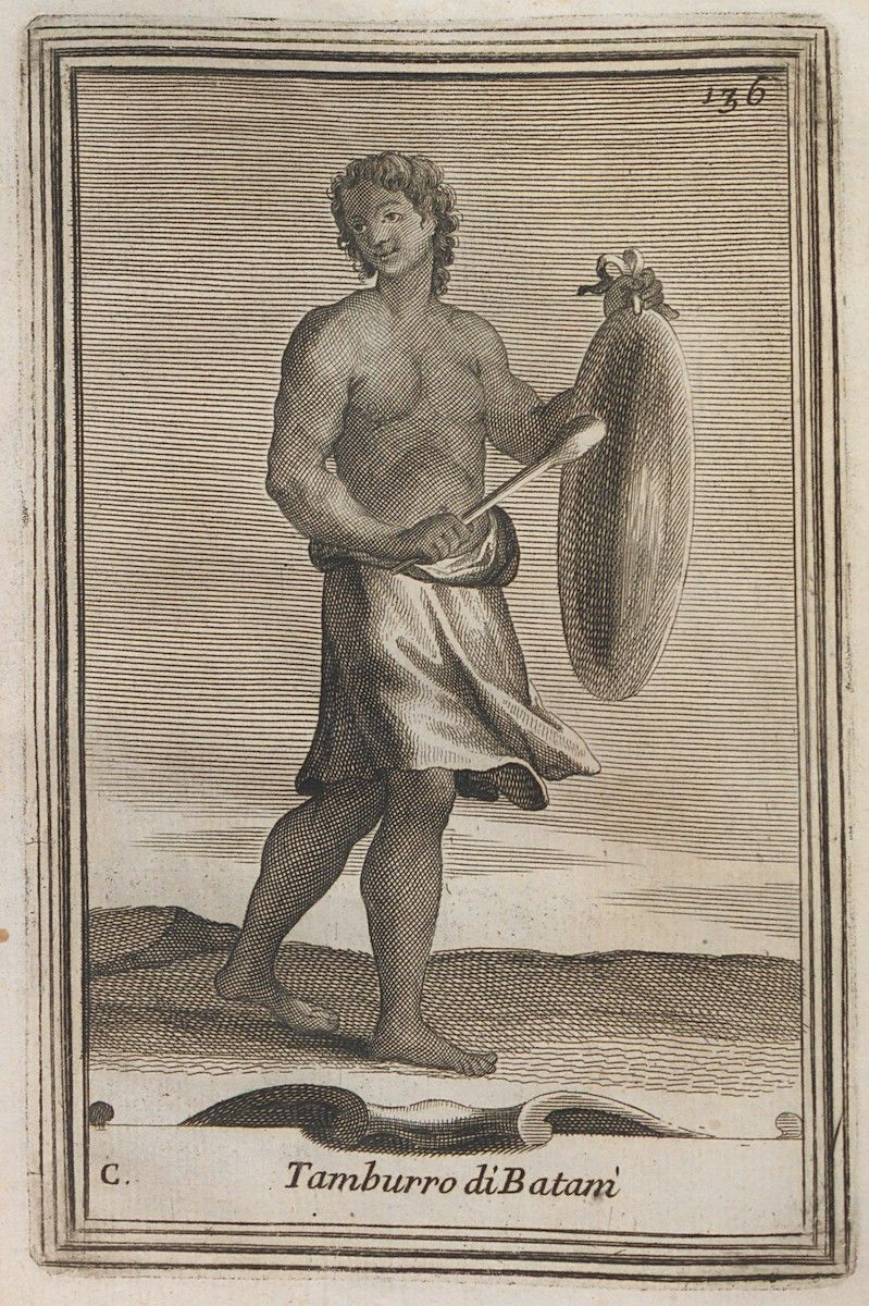 Vintage engraving of a man playing a drum.