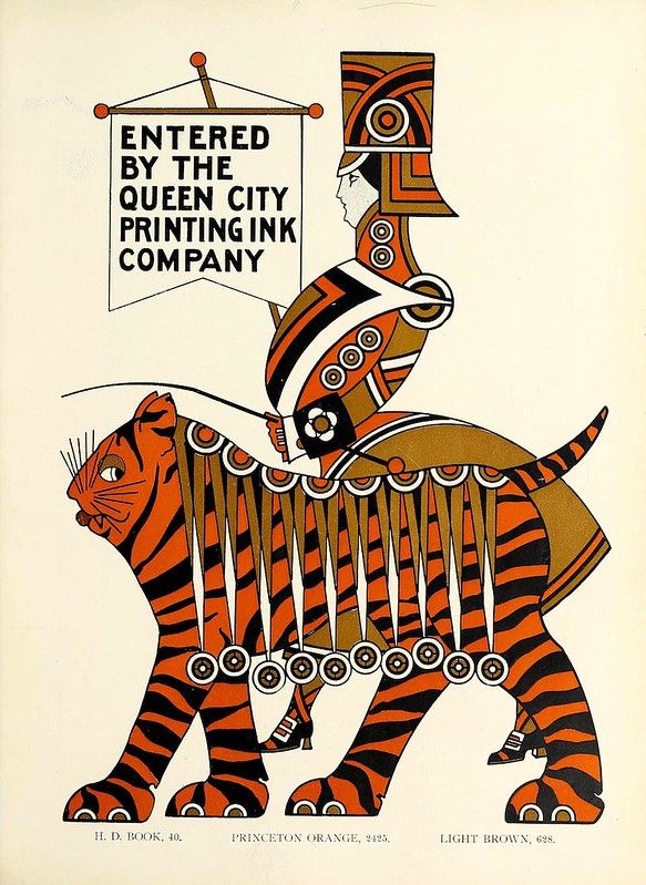 Vintage illustration of a tiger with a person riding on its back, with a banner above reading "ENTERED BY THE QUEEN CITY PRINTING INK COMPANY".