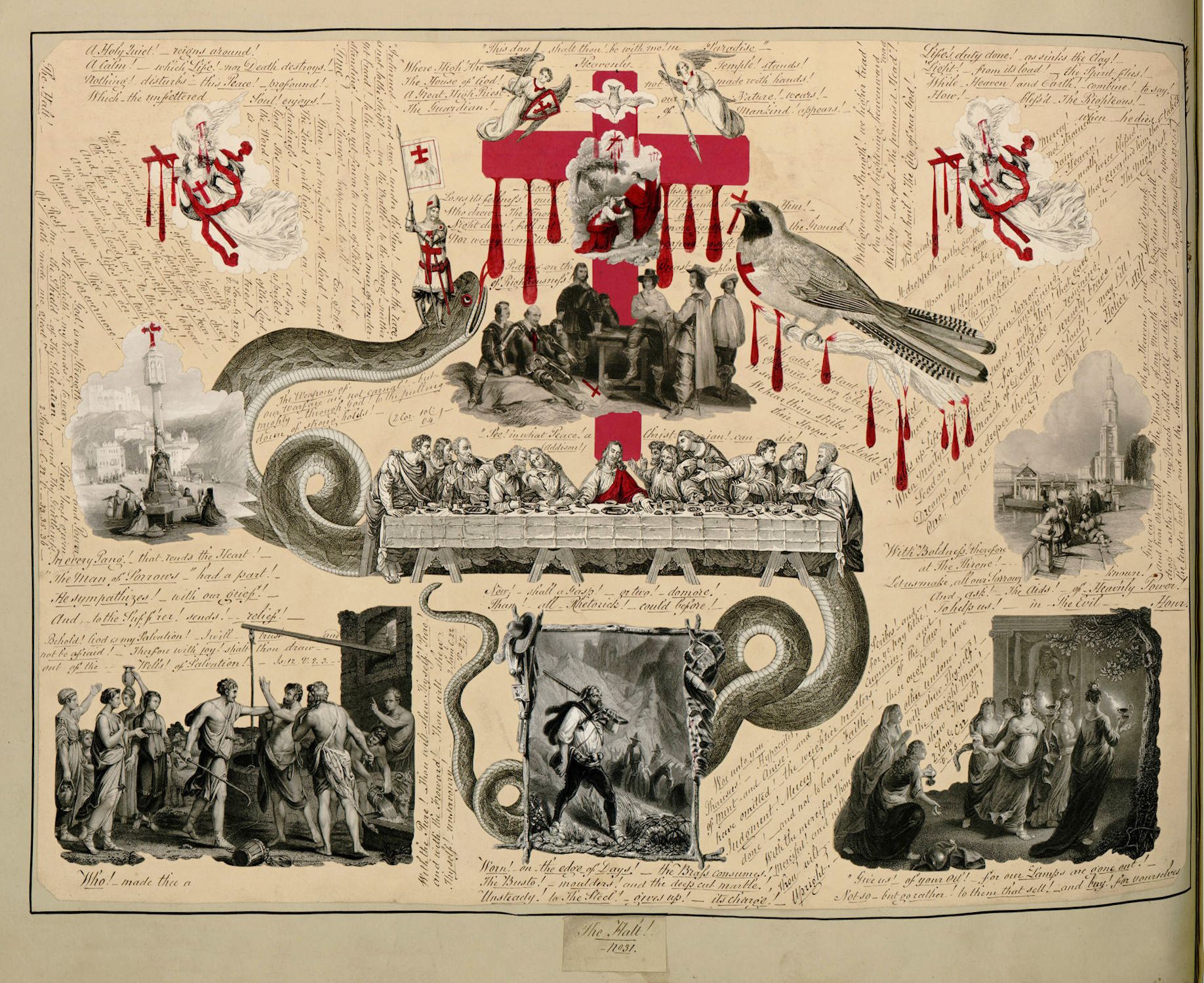 A complex and detailed allegorical engraving with a central red cross, a dragon, an angel, and four vignettes depicting different scenes. The image is covered in dense text and filled with various symbols and motifs.