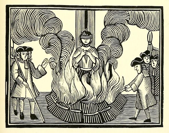 A black and white woodcut-style illustration depicting a public execution by burning in the 18th century.