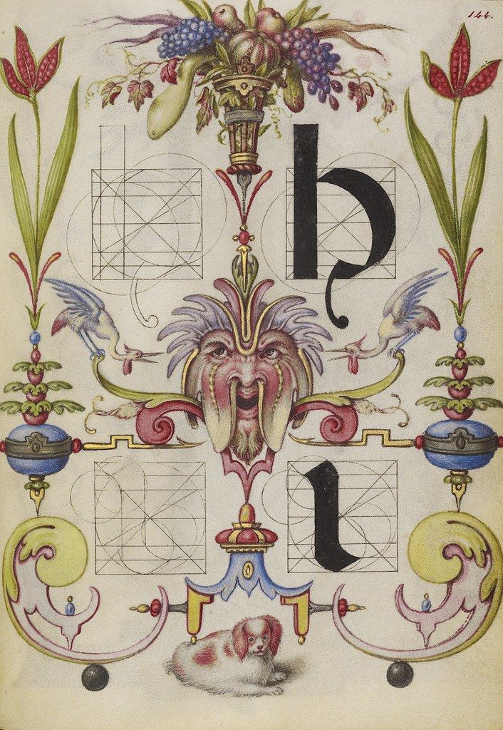 An antique illustration featuring a highly ornate design centered around the letter 'b'.