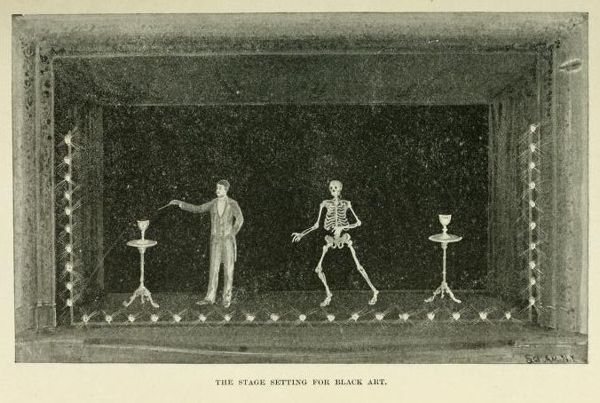 Vintage illustration of a stage setting for 'Black Art', featuring a man gesturing towards a skeleton, with tables and cups on either side, and strings of lights framing the stage.
