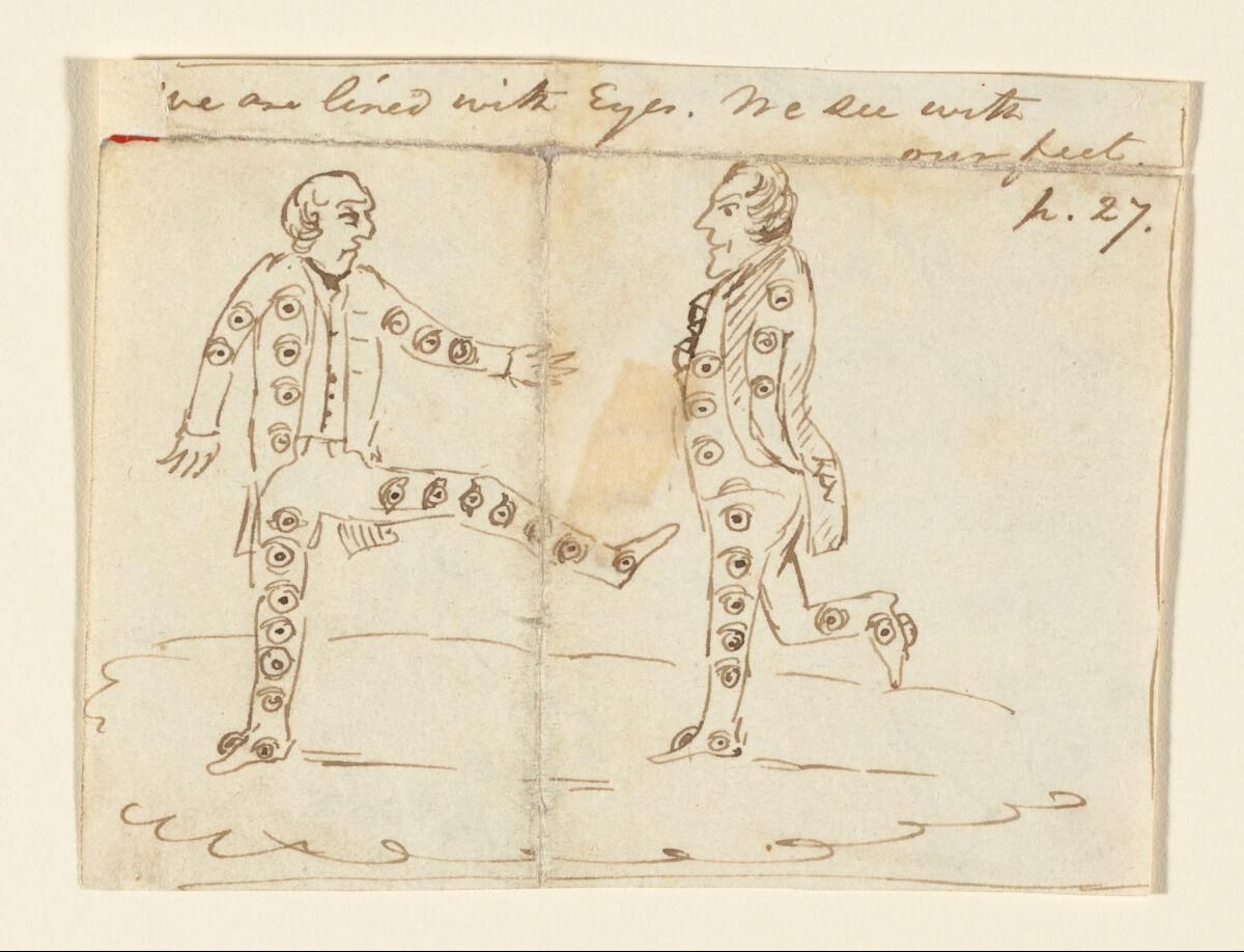 A sepia-toned drawing on a page, depicting two men in historical attire with handwritten text above.
