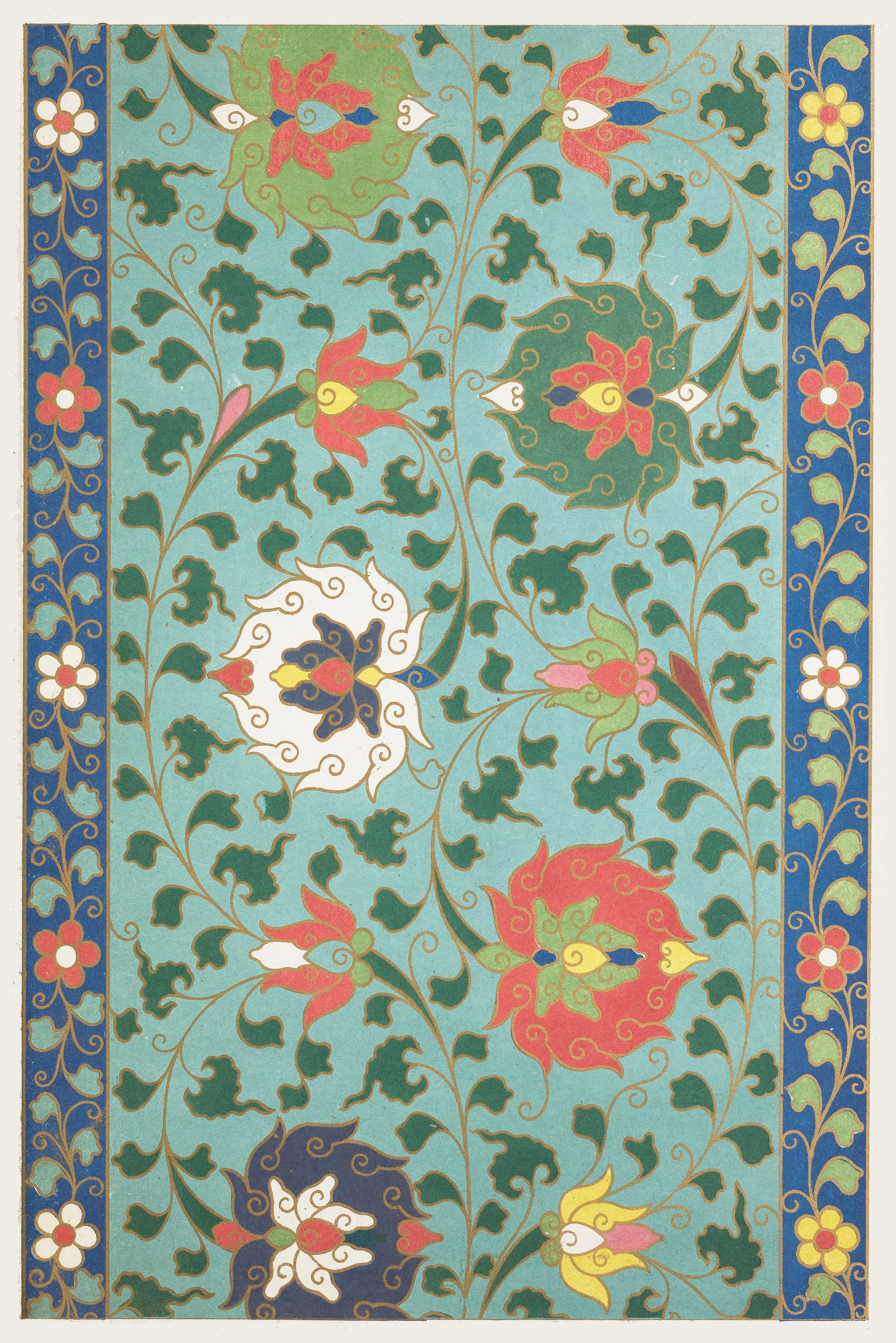 A vibrant and intricate textile or carpet design with a teal background, green foliage, and stylized floral motifs in red, pink, and yellow, framed by a decorative border of red, blue, and gold.