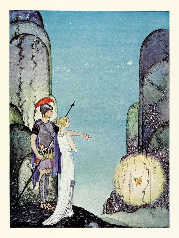 A vintage illustration of a warrior and a woman standing before a rocky landscape with a glowing cave.