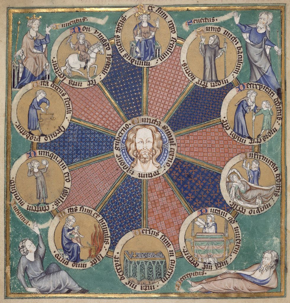 A circular medieval illustration with a central figure of Christ surrounded by eight scenes of biblical figures and events.