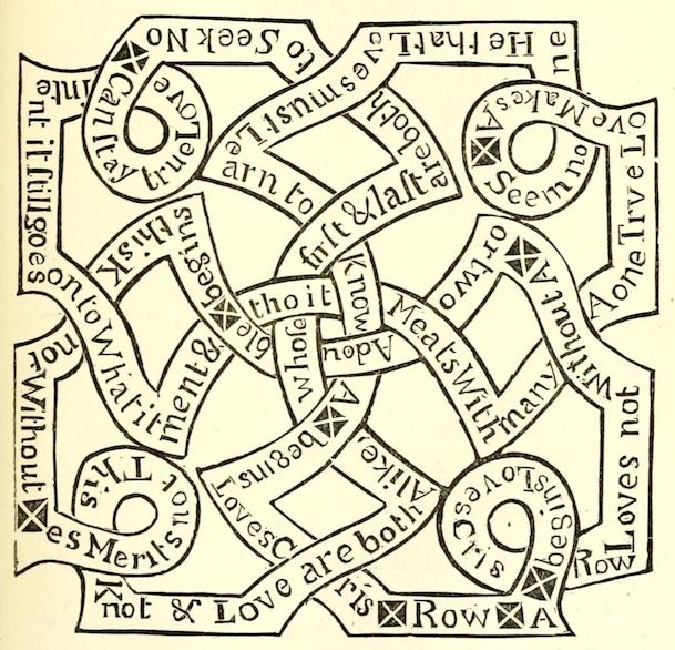 A complex, intricate design resembling a knot or labyrinth, created from interwoven lines and shapes filled with text.